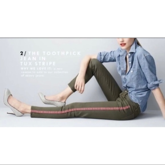 J Crew Women Sz 26 Army Green Red Embroidered Tuxedo Stripe Toothpick Ankle Jean - Picture 1 of 11